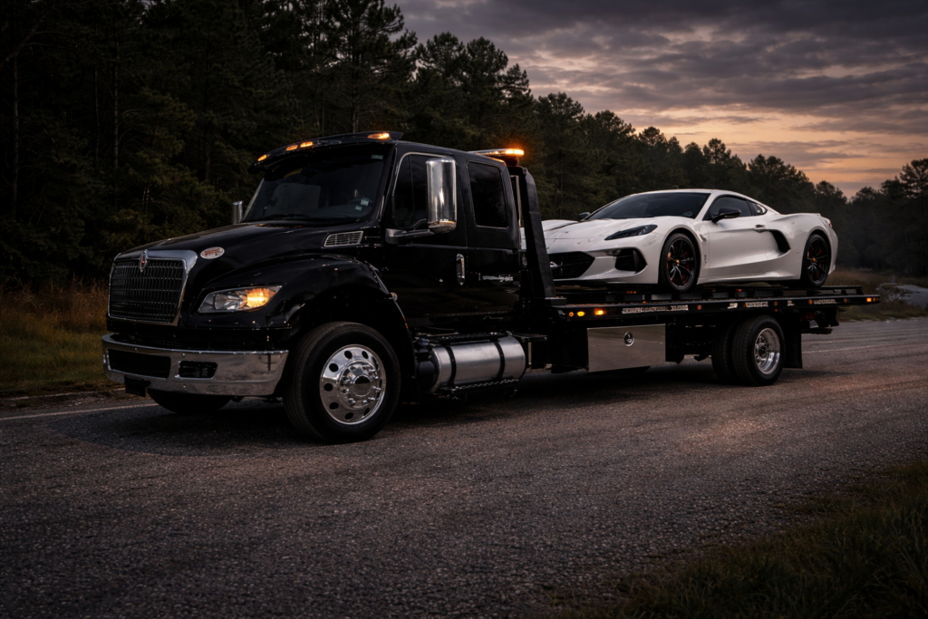 A black heavy-duty flatbed tow truck with amber lights illuminated is parked at dusk, hauling a white sports car securely on the back. The truck’s chrome accents and polished wheels reflect the warm sunset sky, while a wooded tree line forms a dramatic background behind the roadside scene.