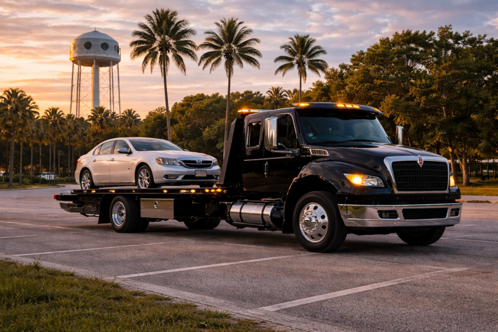 Towing services in Brevard County black heavy duty flatbed tow truck transporting a silver sedan in Cocoa Florida
