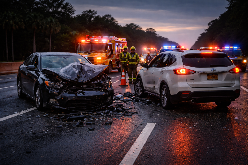 Two vehicles involved in highway crash on I-95 awaiting accident recovery towing in Brevard County FL