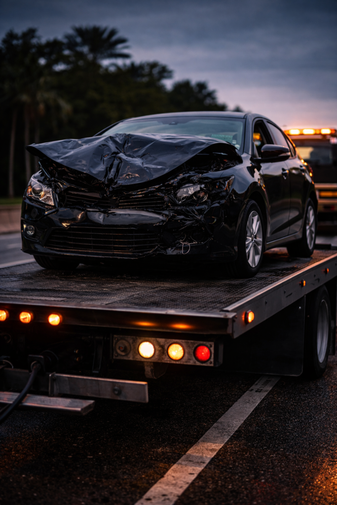 Wrecked vehicle secured on flatbed for accident recovery towing in Brevard County FL