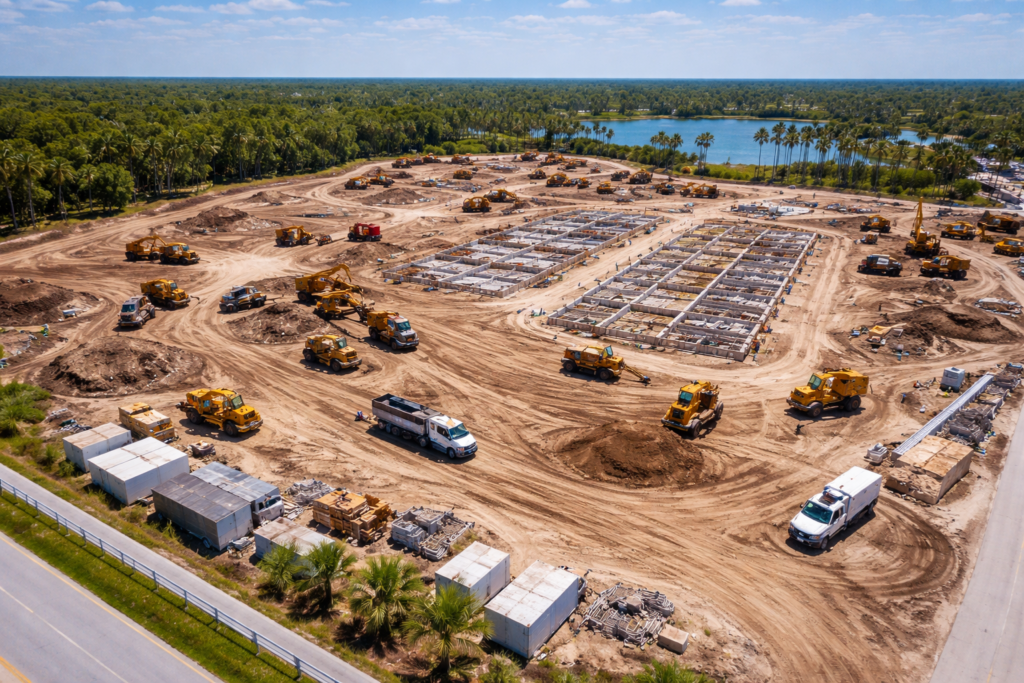 Aerial view of construction site requiring commercial towing in Brevard County FL