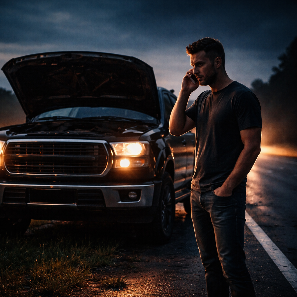 Emergency towing in Brevard County FL for a broken down pickup truck at night with driver calling for roadside assistance