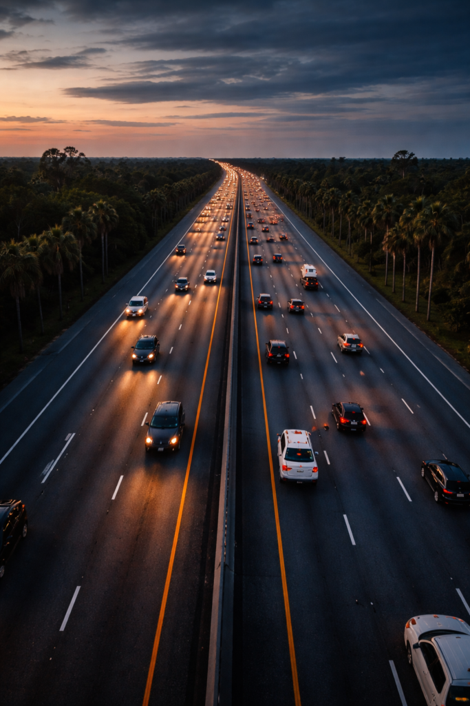 Busy I-95 highway with traffic and palm trees showing emergency towing in Brevard County FL service area