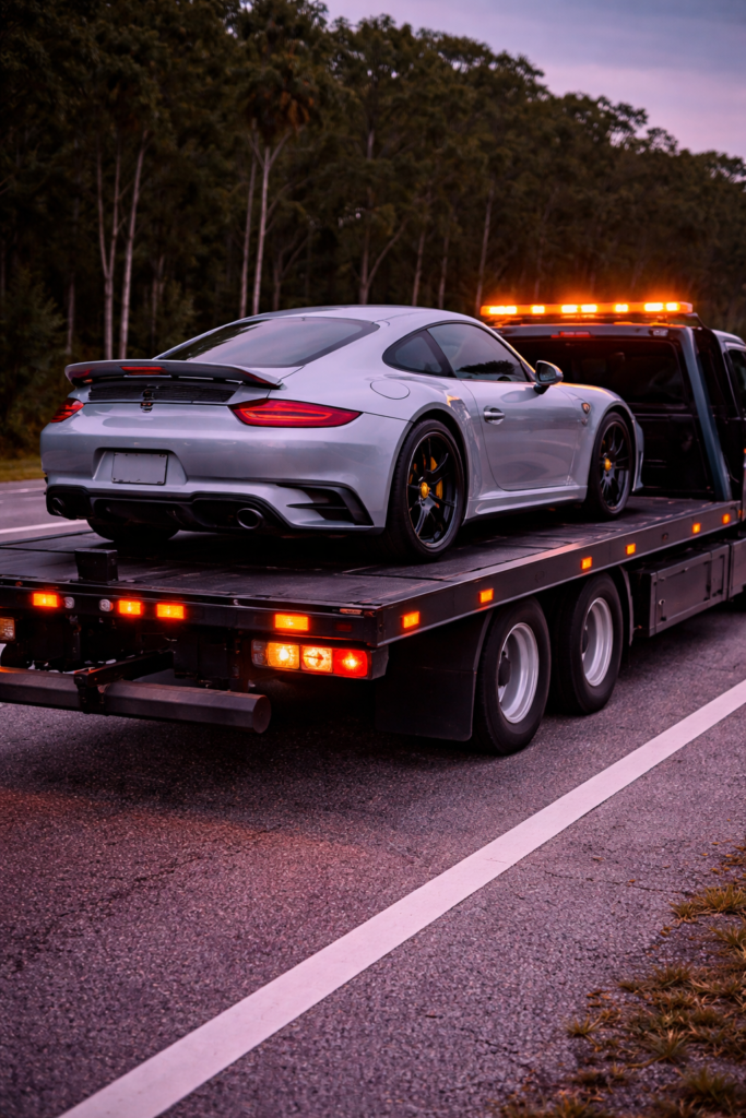 Sports car secured on black flatbed for flatbed towing in Brevard County FL