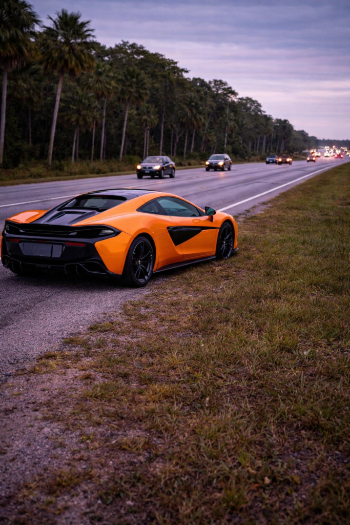 Luxury sports car broken down on Florida highway shoulder needing flatbed towing in Brevard County FL.
