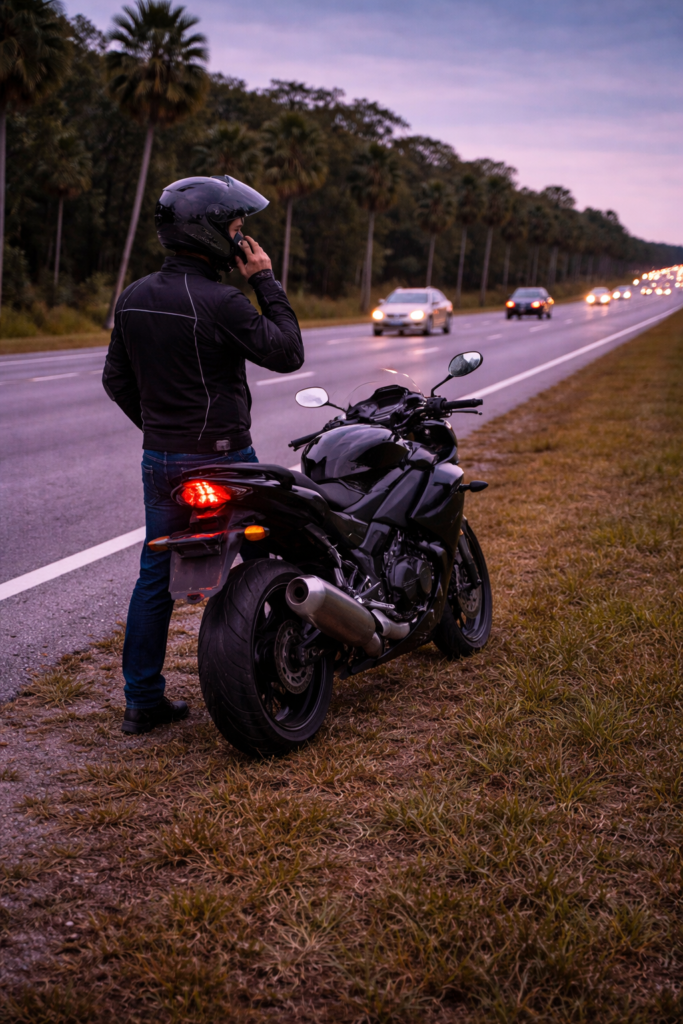 Motorcyclist on roadside calling for flatbed towing in Brevard County FL