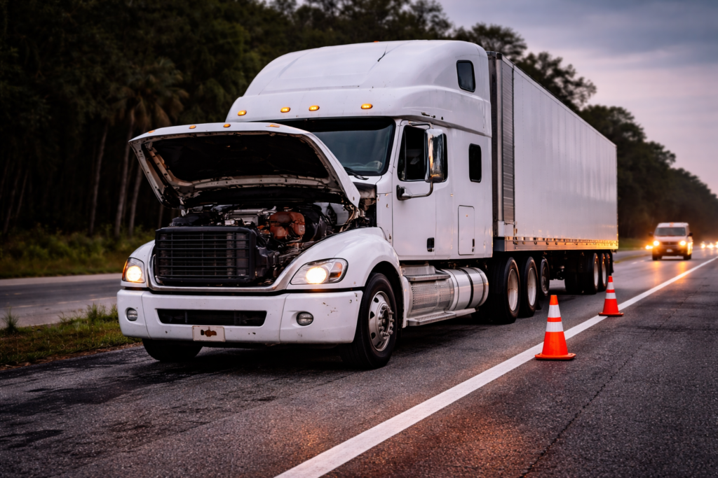 Broken down semi truck on roadside requiring heavy duty towing in Brevard County FL