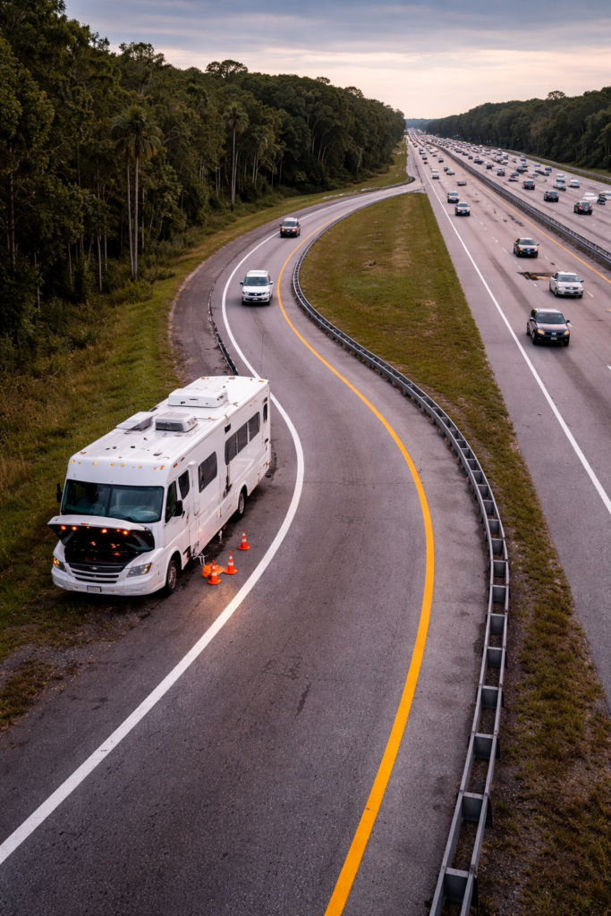 Broken down RV on highway on-ramp requiring heavy duty towing in Brevard County FL