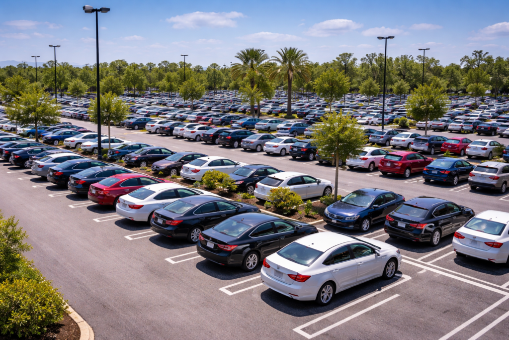 Busy parking lot with multiple vehicles for private property towing in Brevard County FL