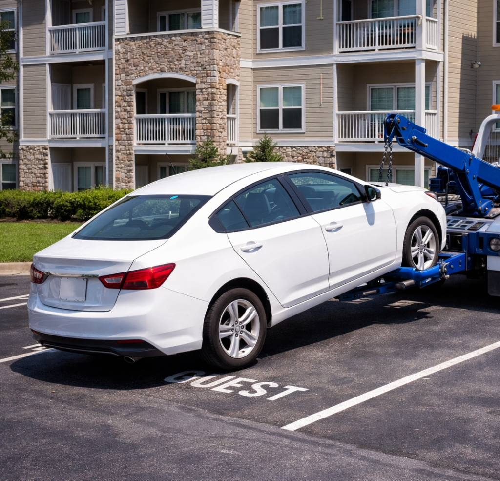 Vehicle being towed from guest parking spot for private property towing in Brevard County FL