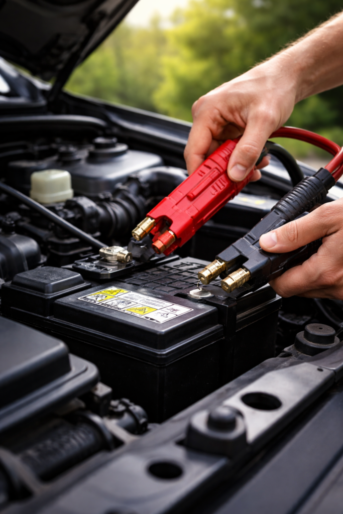 Jumper cables connected to car battery during roadside assistance in Brevard County FL
