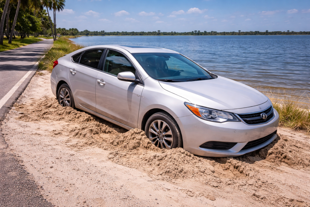 Car stuck in sand near Indian River Lagoon needing winch out service in Brevard County FL