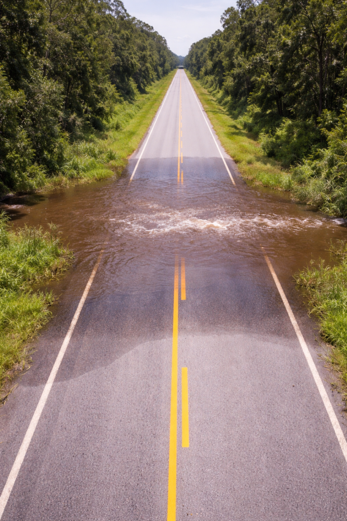 Aerial view of flooded roadway needing winch out service in Brevard County, FL